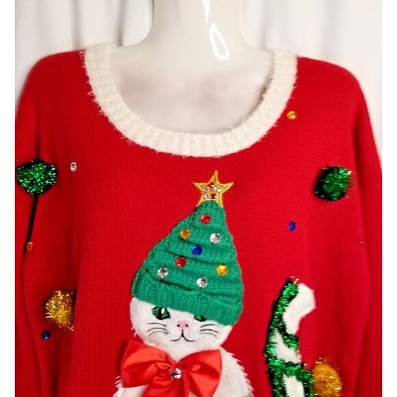 Women's CAT Sweater Holiday Applique Pom-Poms Gems Size M Red Cat Christmas New - Picture 4 of 6